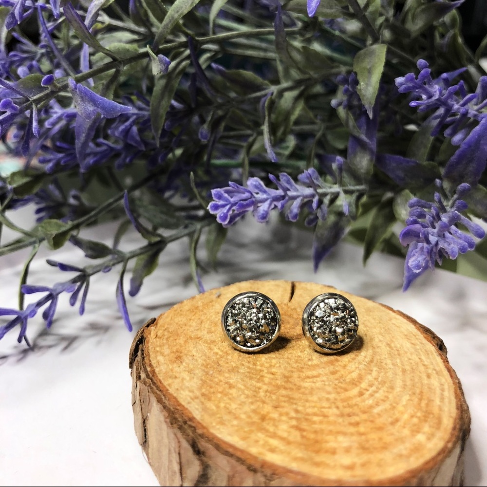 Dark Silver Druzy Stud Earrings